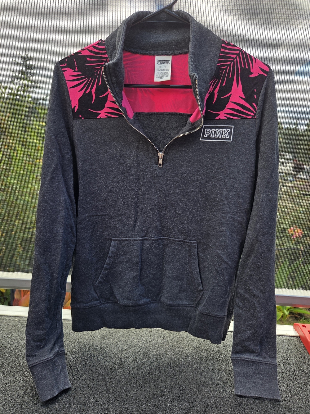 XSPINK Victoria's Secret Charcoal Gray Half-Zip Hoodie With Palm Print